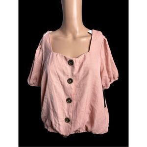 NEW WITH TAGS OLM Gauze Puff Sleeve V Notch Button down‎ Blouse SIZE LARGE